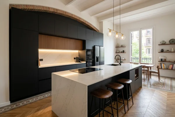 Reforma de cocina moderna abierta al salón con isla en Eixample Barcelona