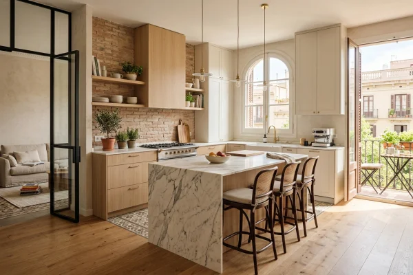 Reforma de cocina estilo mediterráneo con cerramiento acristalado en Gràcia Barcelona